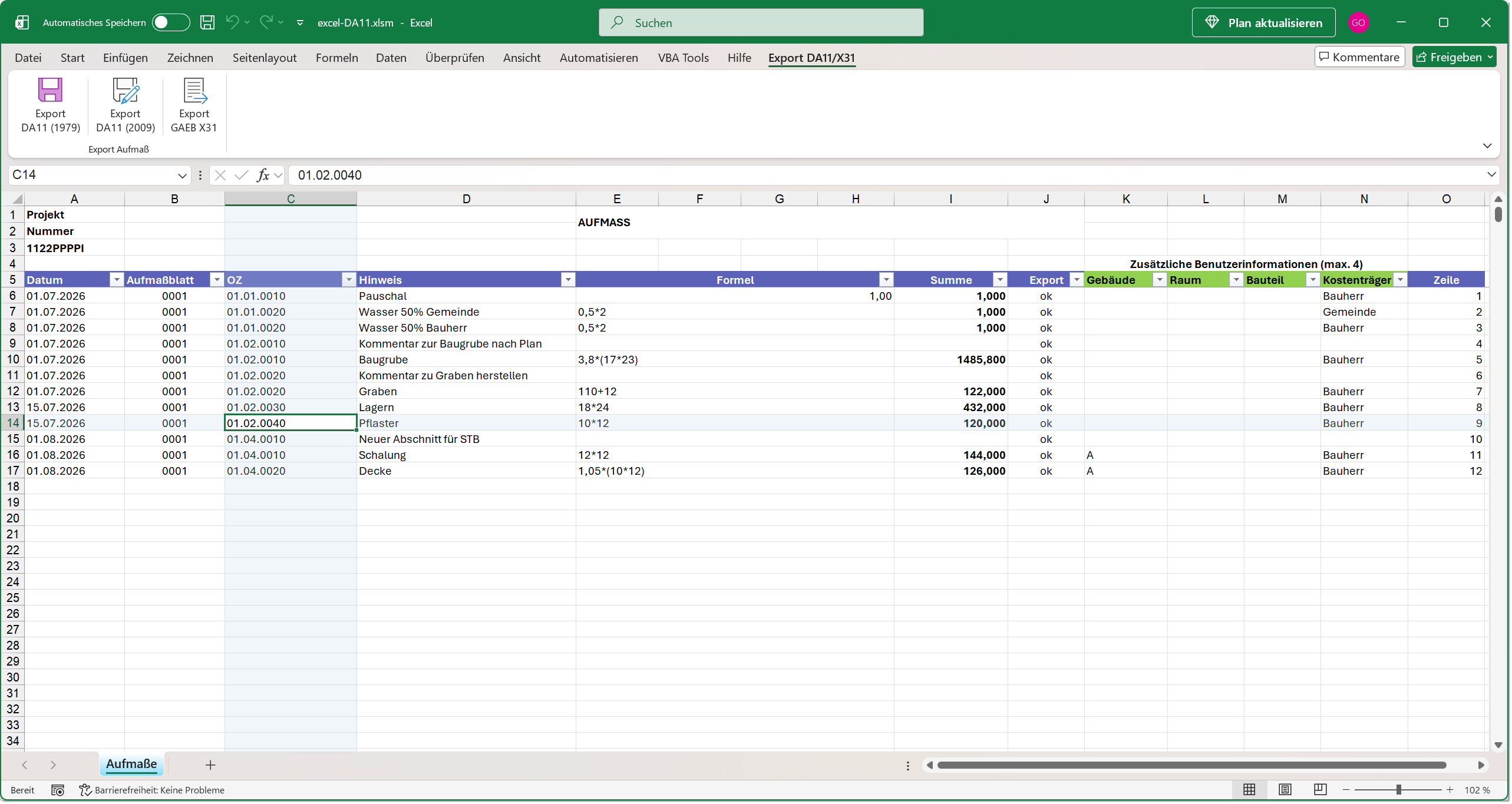 Screenshot der Excel2DA11-Tabelle in Microsoft Excel mit Aufmaßblatt, Ordnungszahl, Formeln und Hinweistexten